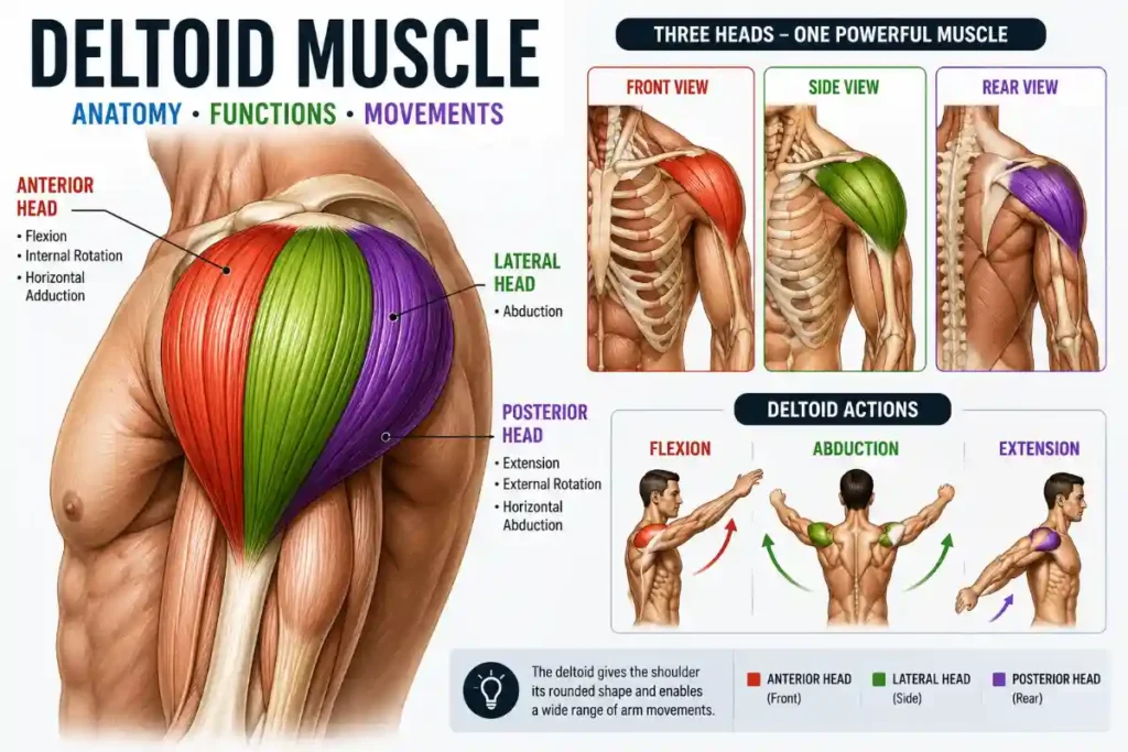 Detailed deltoid muscle anatomy diagram showing anterior, lateral, and posterior heads with shoulder movements and muscle functions
