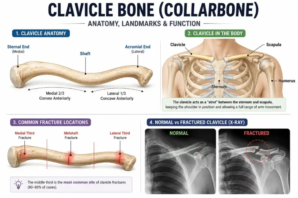 Detailed medical infographic of the clavicle bone (collarbone) showing labeled anatomy parts, clavicle position in the upper body, common fracture locations, and comparison X-rays of a normal versus fractured clavicle with educational orthopedic illustrations.