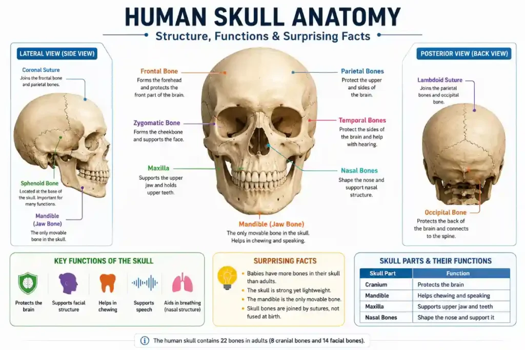 alt="Human skull anatomy diagram showing skull bones, structure, functions, and labeled parts"