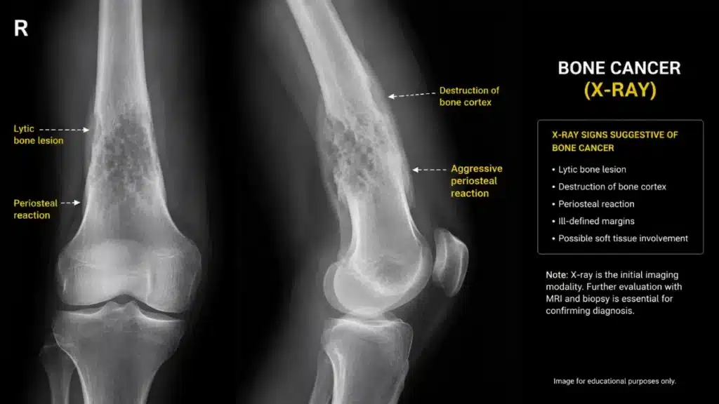 Bone cancer X-ray with lytic lesion and periosteal reaction in the femur