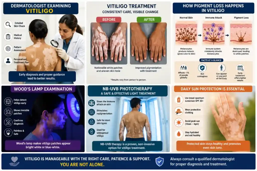 Medical infographic showing vitiligo diagnosis and treatment