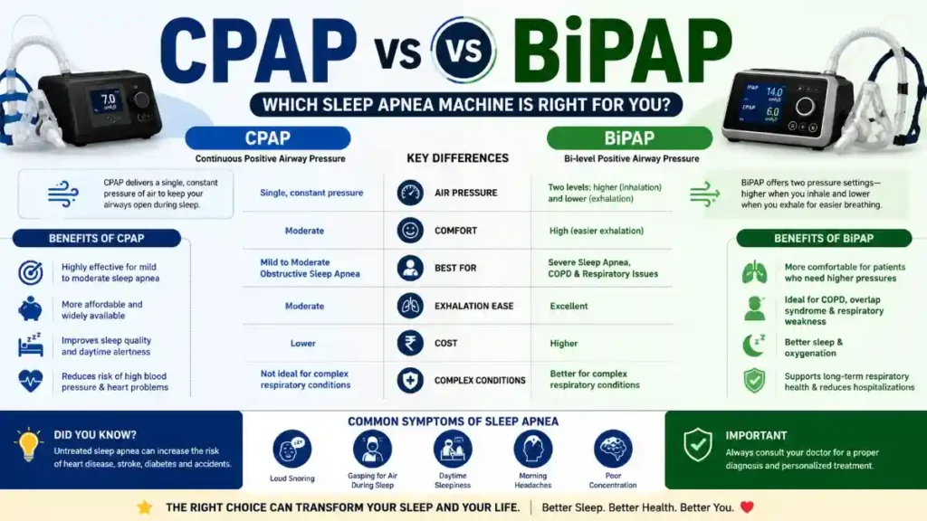 CPAP vs BiPAP infographic comparing sleep apnea machines