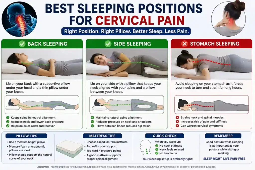 Infographic showing the best sleeping positions for cervical pain relief.