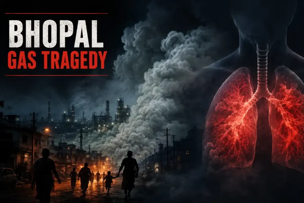 Illustration depicting the Bhopal Gas Tragedy with a toxic gas cloud, fleeing people, and damaged lungs