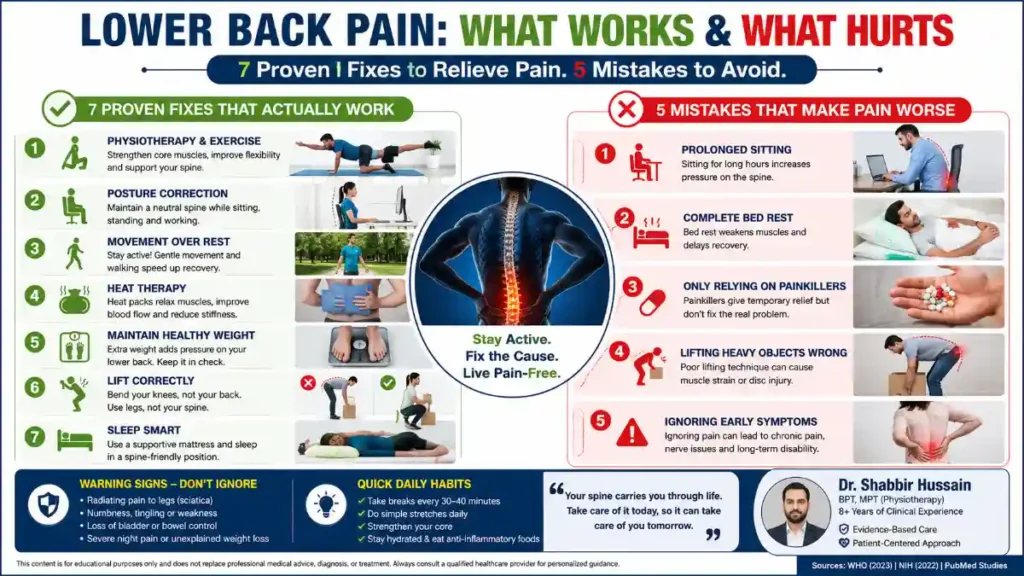 Infographic showing evidence-based lower back pain relief strategies