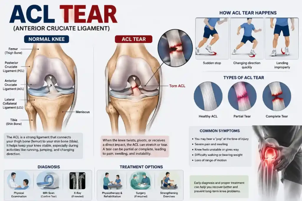Detailed medical infographic explaining ACL tear