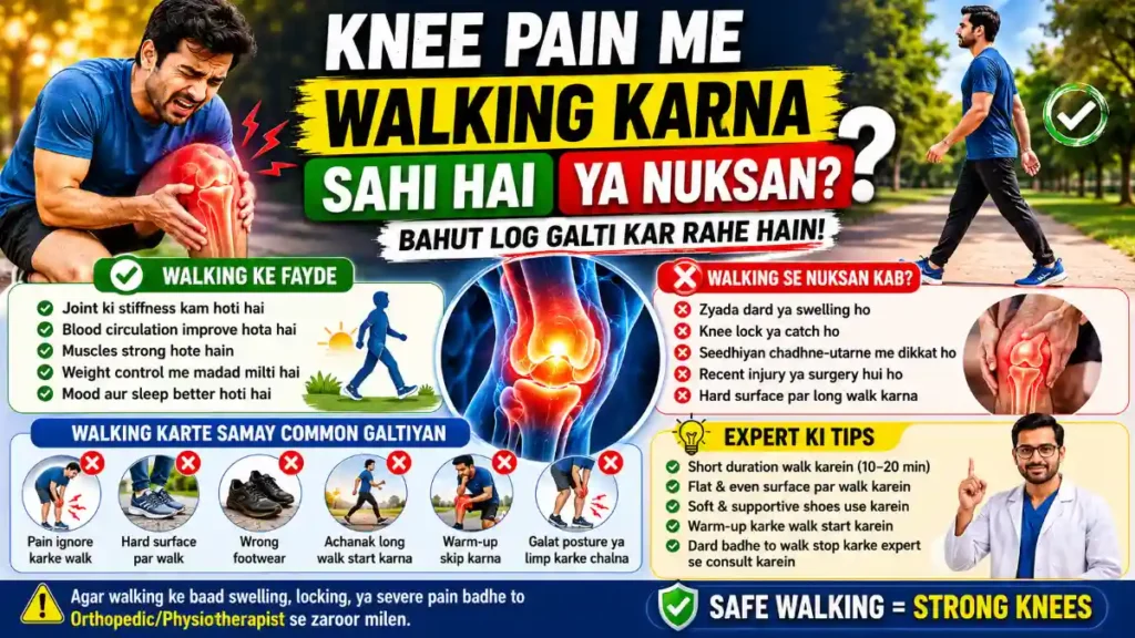 Knee pain while walking infographic showing safe walking tips and common mistakes causing knee damage