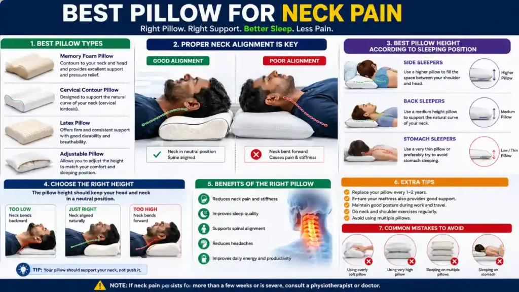 Infographic “Best Pillow for Neck Pain” showing how proper pillow selection