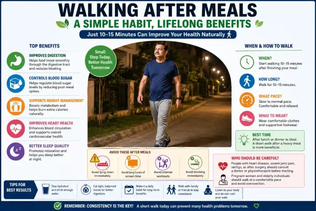 Infographic showing the health benefits of walking after meals