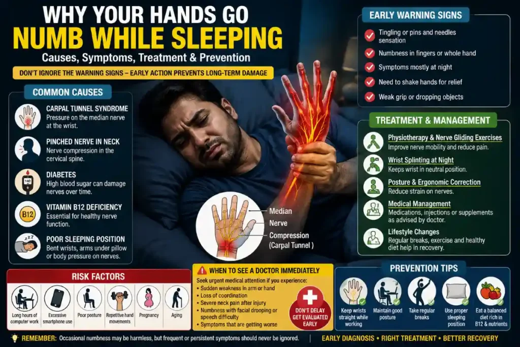 Man experiencing hand numbness while sleeping,