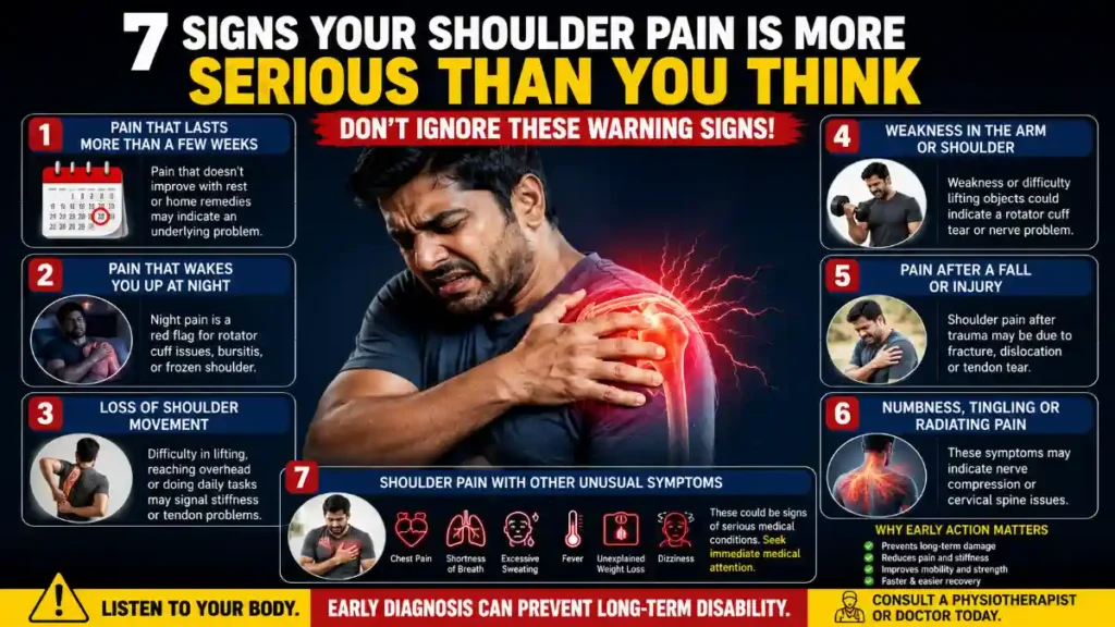Medical infographic showing 7 warning signs that shoulder pain may be serious