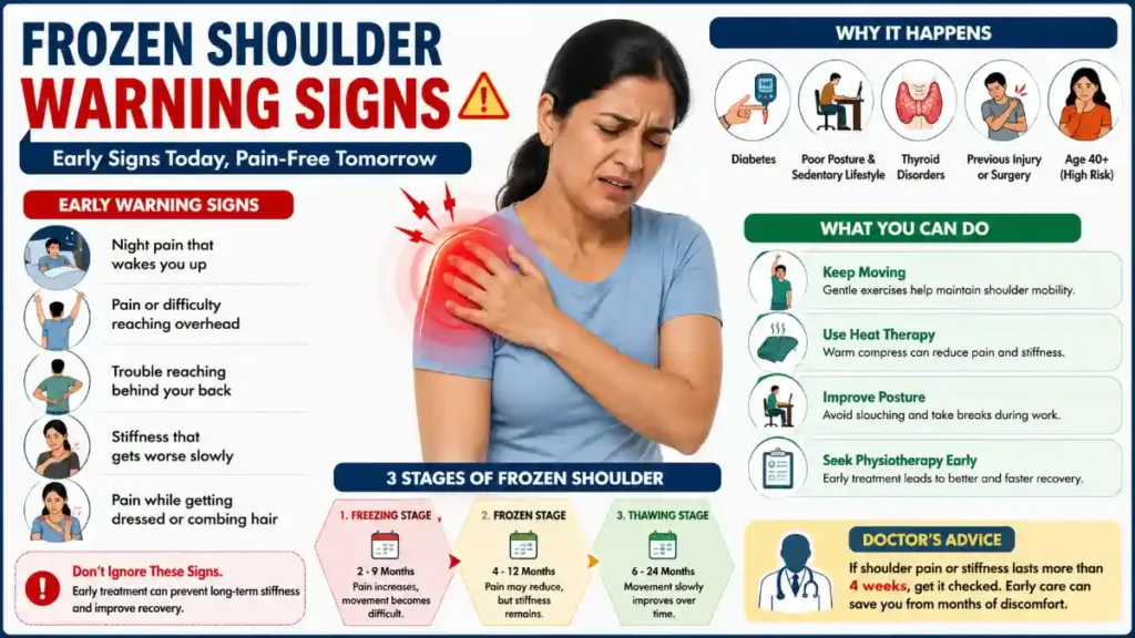 Medical infographic showing early frozen shoulder warning signs