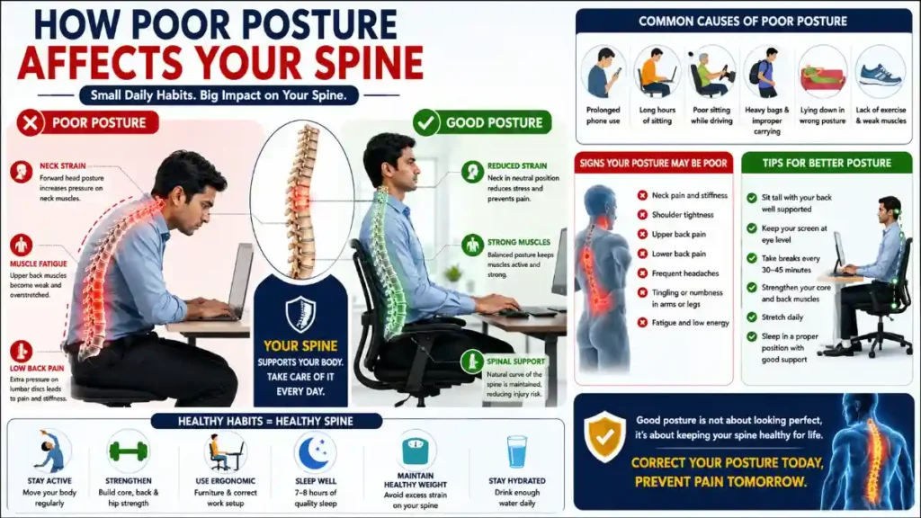 Medical infographic showing the effects of poor posture on the spine