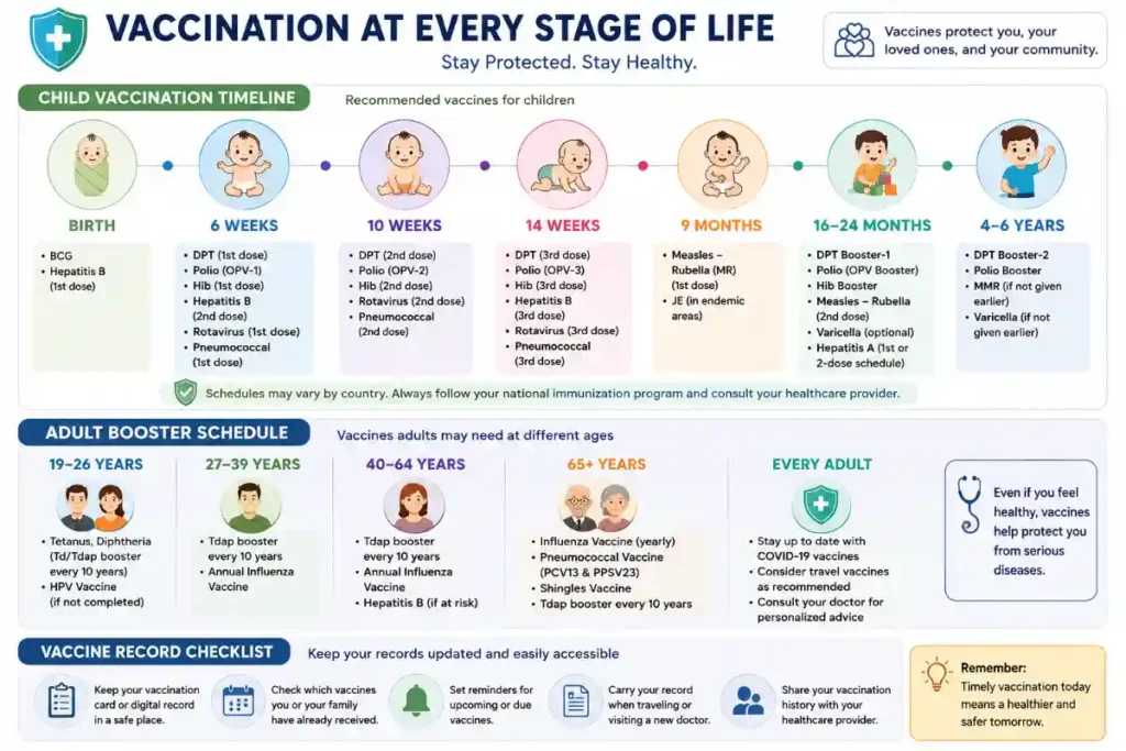 Vaccination timeline infographic showing recommended child vaccination schedule from birth to 6 years, adult booster vaccine schedule by age group, and a vaccine record checklist for maintaining up-to-date immunization records.