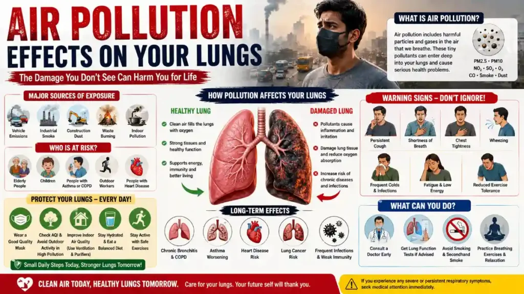 Medical infographic illustrating how air pollution affects the lungs, featuring inflamed lungs, polluted air particles, and respiratory warning signs
