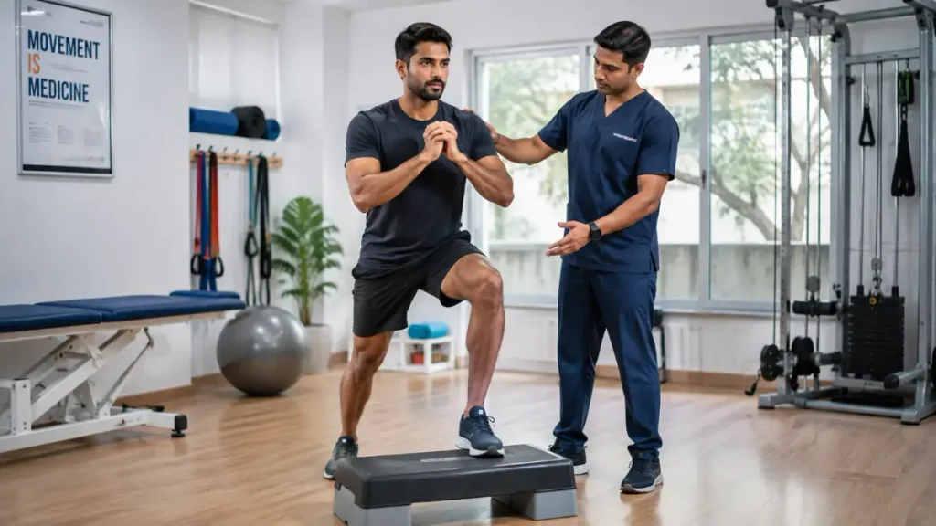 Guided Step-Up in a Modern Physiotherapy Gym