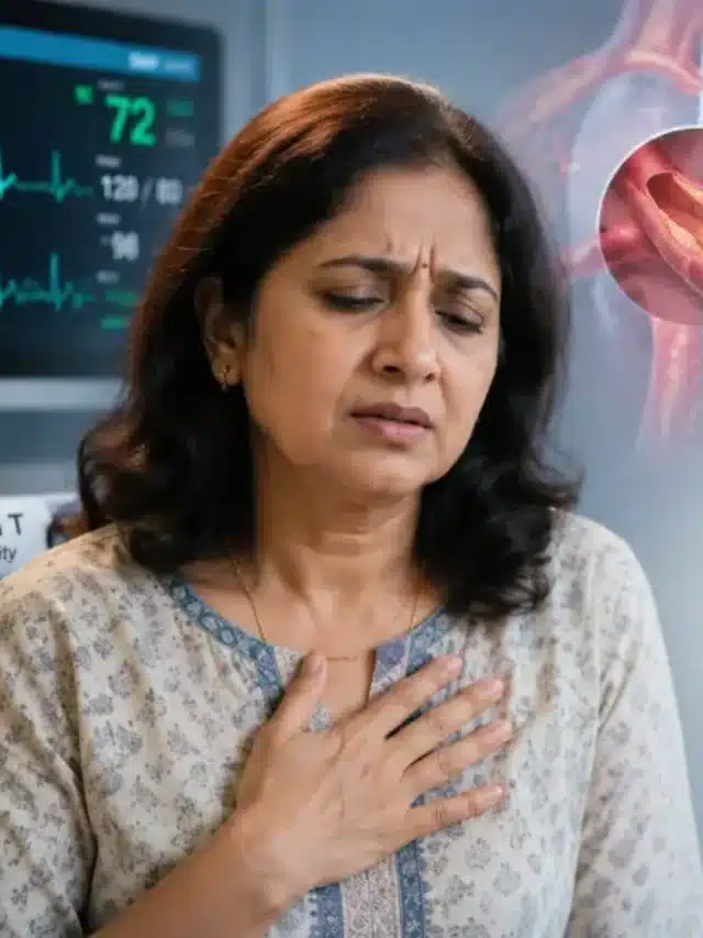 महिलाओं में Heart Attack के संकेत दिखाती महिला के साथ ECG और Troponin Test की मेडिकल इमेज