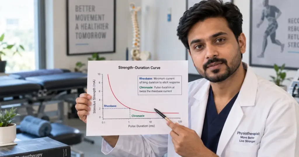 Physiotherapist reviewing a strength-duration curve graph in a clinic, explaining Chronaxie vs Rheobase