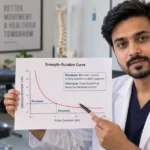 Physiotherapist reviewing a strength-duration curve graph in a clinic, explaining Chronaxie vs Rheobase
