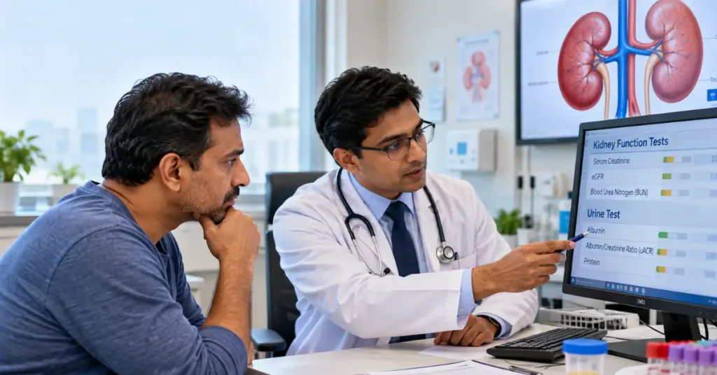Doctor discussing early kidney damage and kidney function test results with a patient.