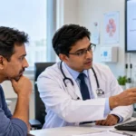 Doctor discussing early kidney damage and kidney function test results with a patient.