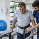 Physiotherapist assisting stroke survivor with walking exercise in rehab clinic