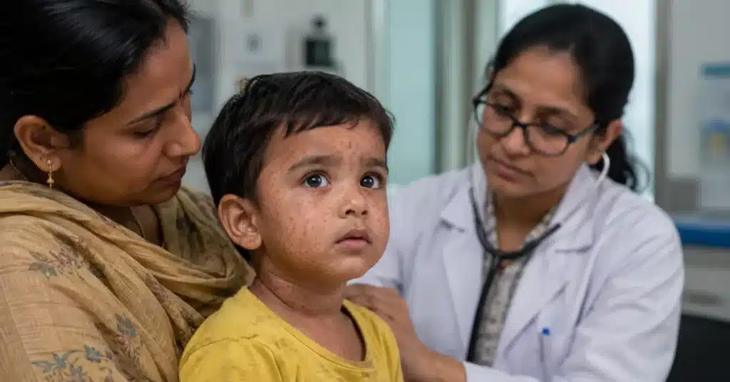Measles symptoms and rash in a child during medical examination