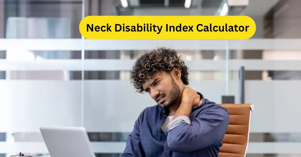 Neck Disability Index Calculator: Office worker experiencing neck discomfort while reading at a desk.