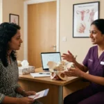 Pelvic Floor कमजोर या Tight? - Physiotherapist explaining pelvic floor muscle function to a female patient.