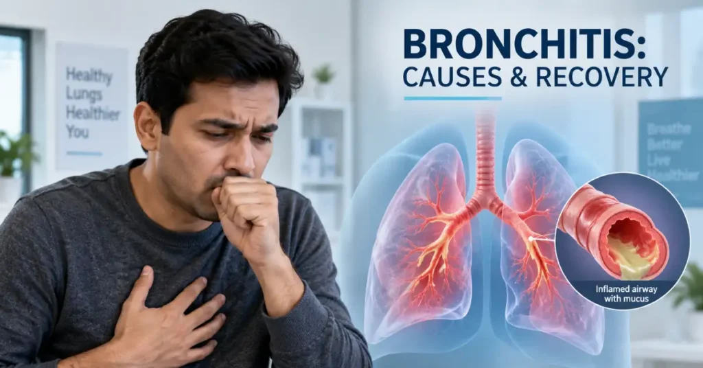 What Is Bronchitis: Bronchitis illustration showing inflamed airways and mucus in the lungs.