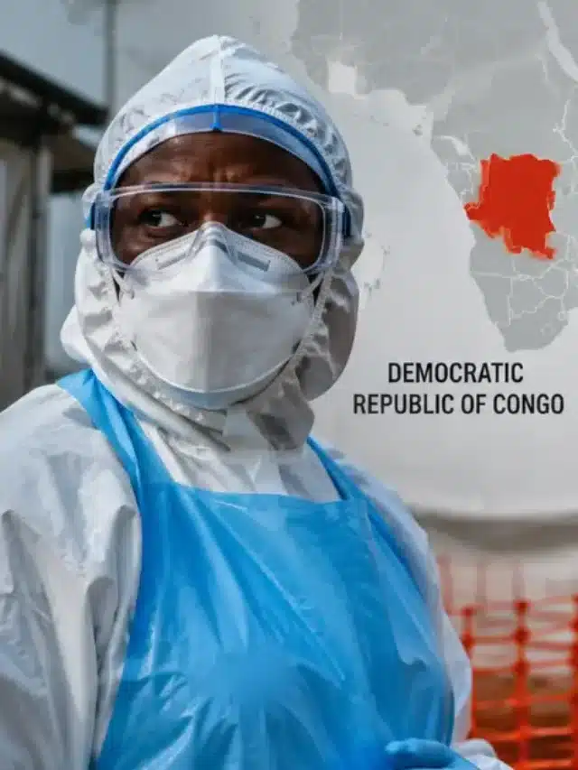 DR Congo Ebola outbreak 2026 में 6,000 से ज्यादा cases और करीब 3,000 मौतें, PPE पहने healthcare worker के साथ