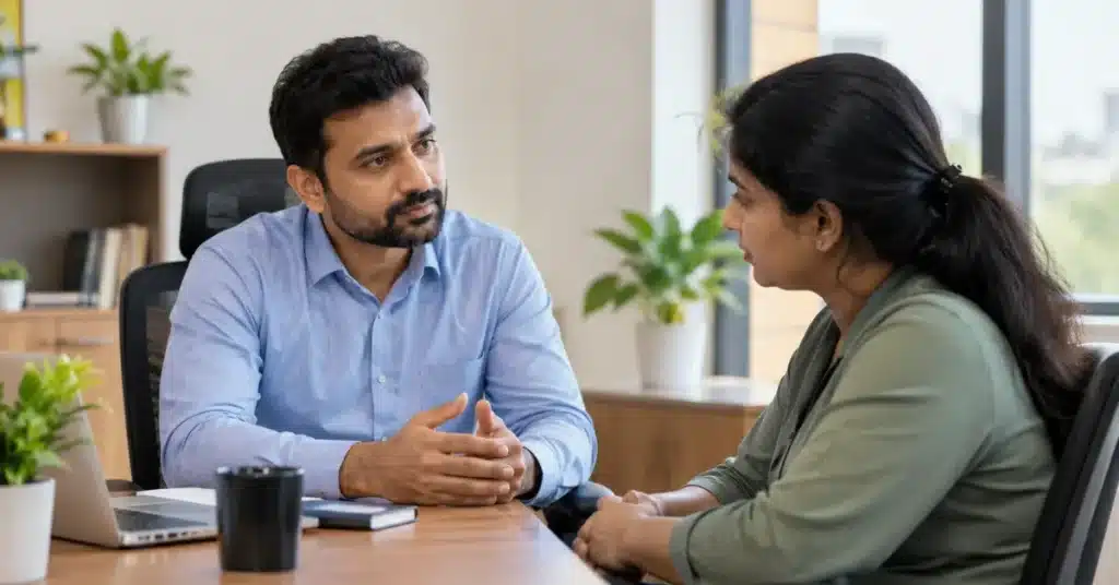 Manager having a supportive conversation with an employee about workplace mental health