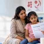 Doctor explaining low vitamin D levels and bone health to a child and parent.