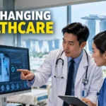 Doctor using google AI-assisted digital technology in a modern Singapore hospital.
