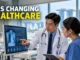 Doctor using google AI-assisted digital technology in a modern Singapore hospital.