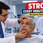 Neurologist assessing an elderly patient for possible stroke symptoms in a hospital.