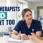 Two physiotherapists discussing workplace stress and peer support in a hospital.