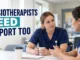 Two physiotherapists discussing workplace stress and peer support in a hospital.